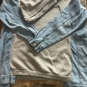 Light Blue Denim-Trim Gray Oversized Hoodie